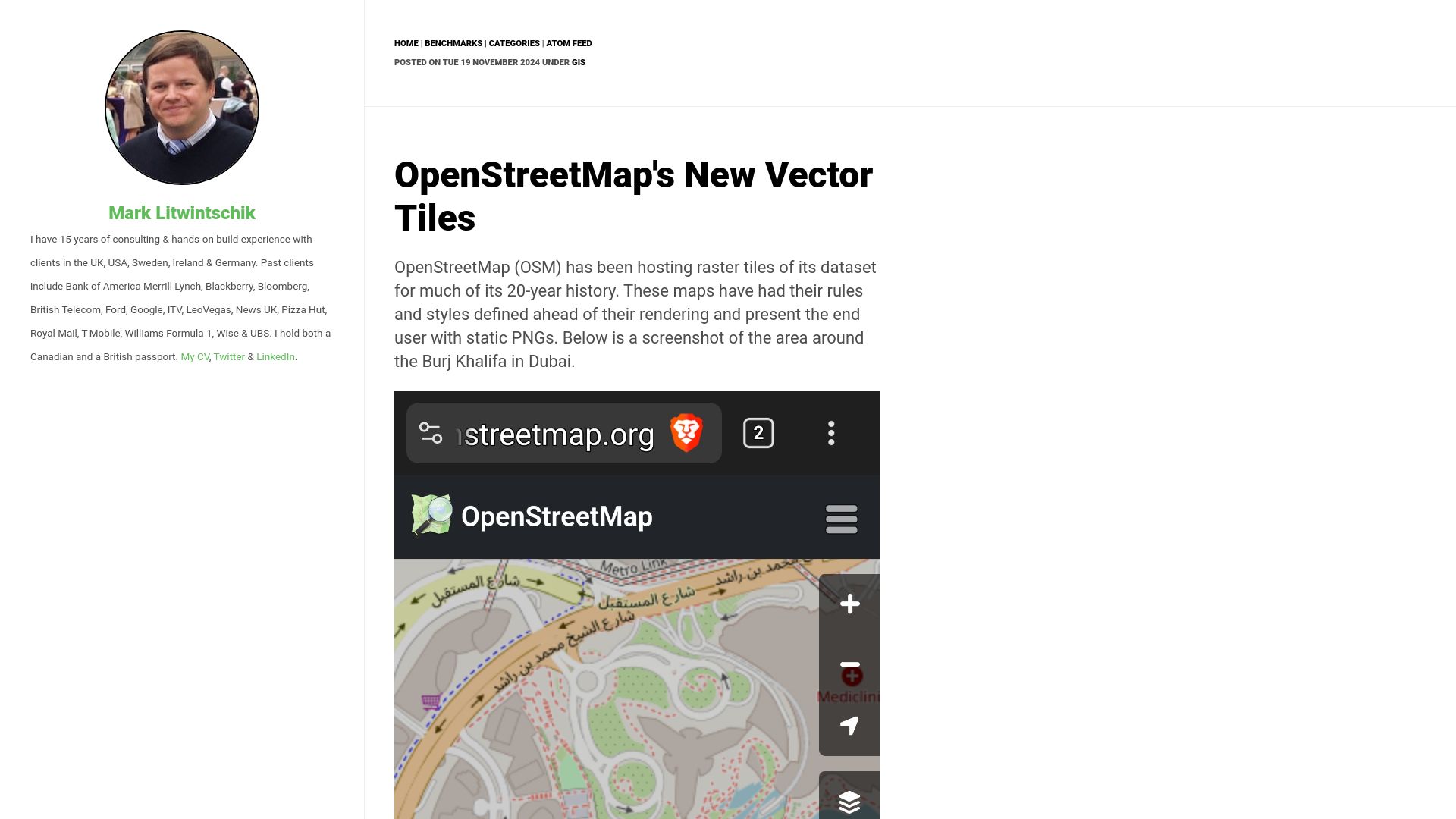 Screenshot of tech.marksblogg.com: OpenStreetMap's New Vector Tiles