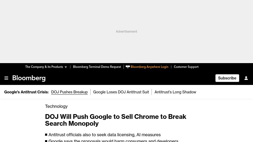 Screenshot of bloomberg.com: DOJ will push Google to sell off Chrome