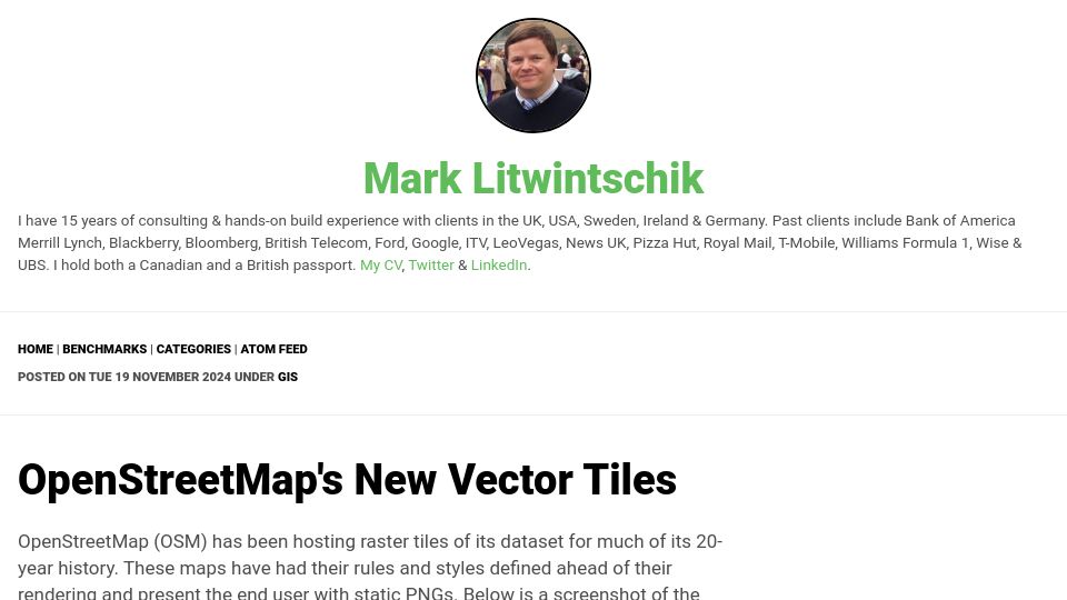 Screenshot of tech.marksblogg.com: OpenStreetMap's New Vector Tiles