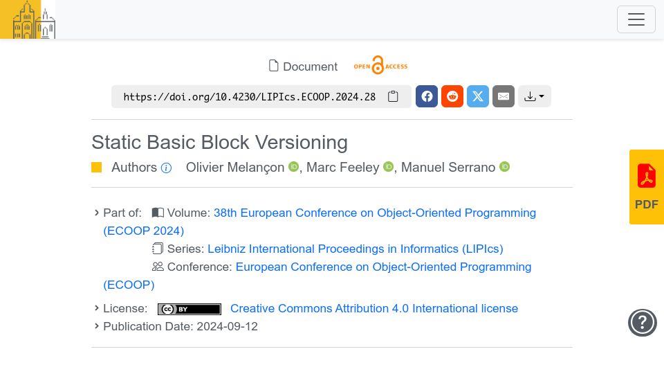 Screenshot of drops.dagstuhl.de: Static Basic Block Versioning