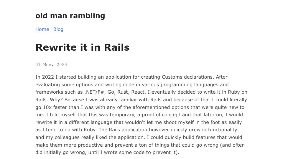 Screenshot of dirkjonker.bearblog.dev: Rewrite It in Rails