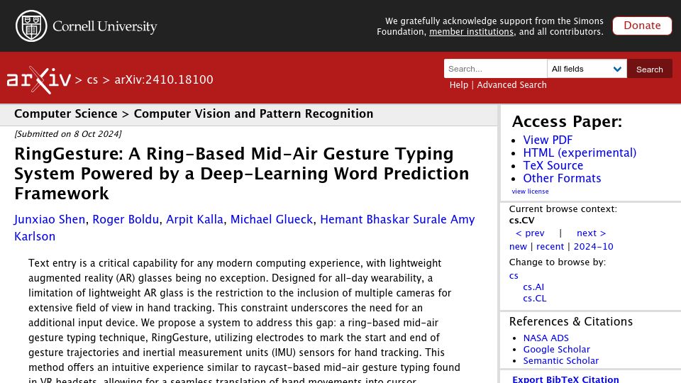 Screenshot of arxiv.org: Ring-Based Mid-Air Gesture Typing System Using Deep Learning Word Prediction