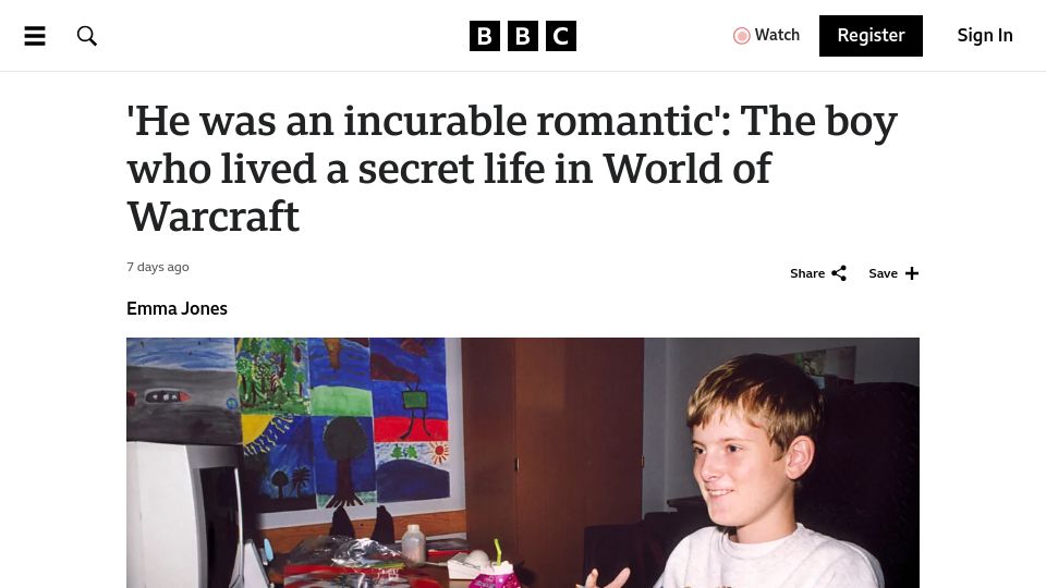 Screenshot of bbc.com: 'An incurable romantic': The boy who lived a secret life in World of Warcraft