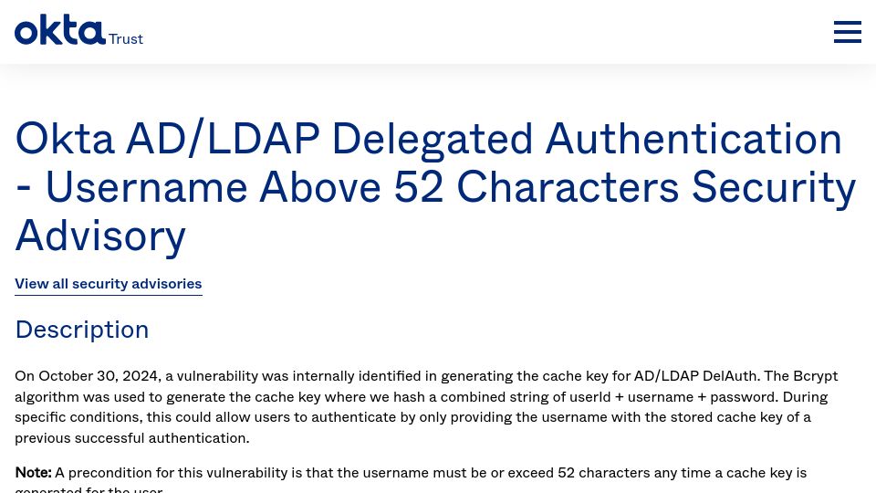 Screenshot of trust.okta.com: Okta – Username Above 52 Characters Security Advisory