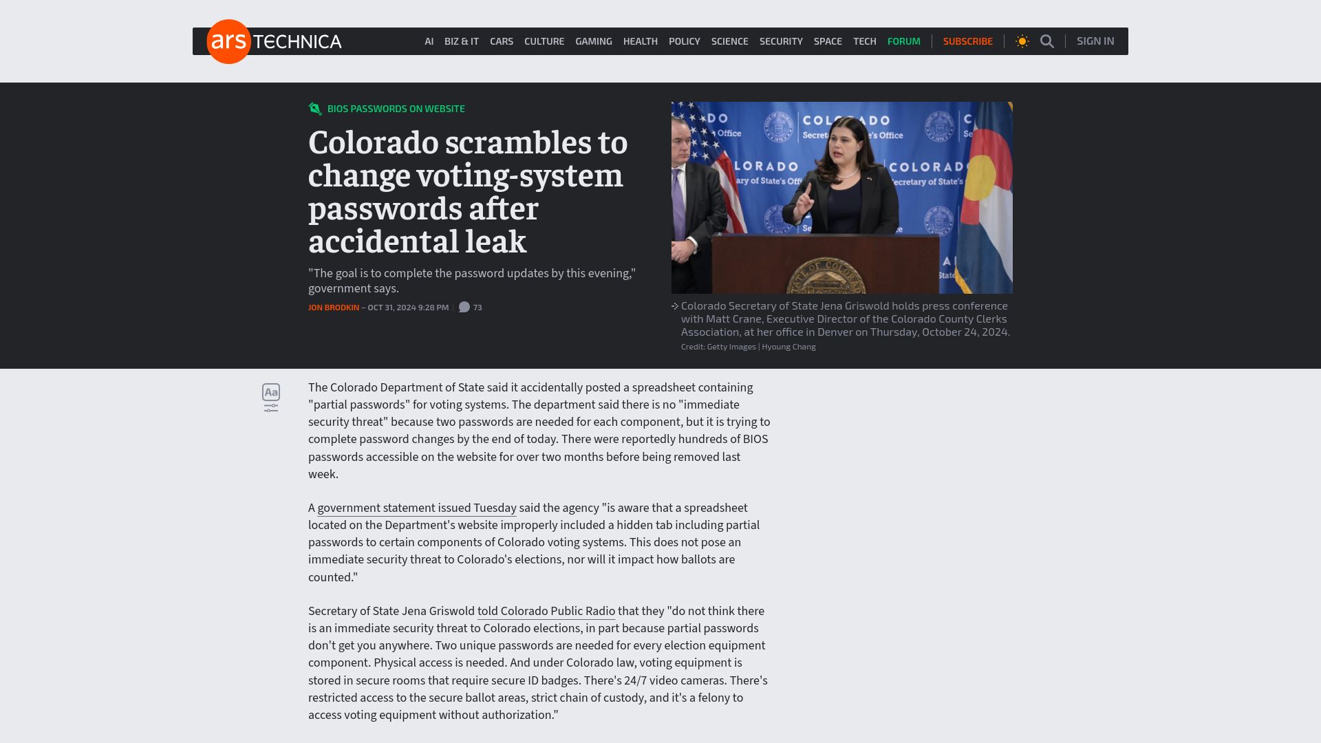 Screenshot of arstechnica.com: Colorado scrambles to change voting-system passwords after accidental leak