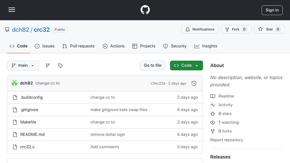 Screenshot of github.com: Show HN: Super Simple CRC32 Implementation