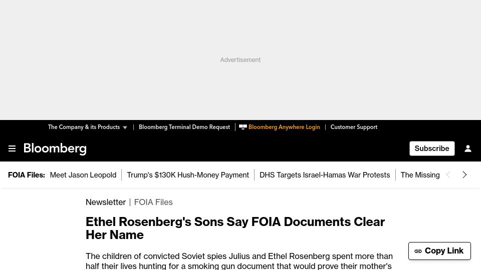 Screenshot of bloomberg.com: US Government memo shows Ethel Rosenberg was not a spy but executed her anyway
