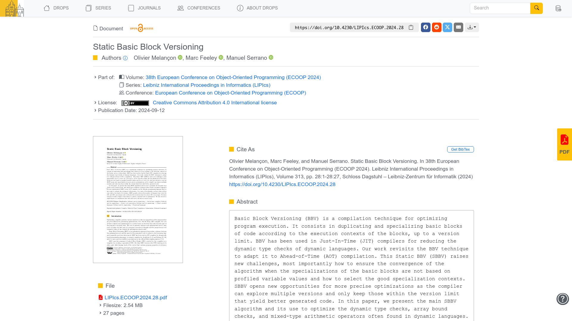 Screenshot of drops.dagstuhl.de: Static Basic Block Versioning