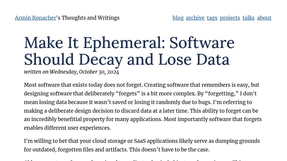 Screenshot of lucumr.pocoo.org: Make It Ephemeral: Software Should Decay and Lose Data