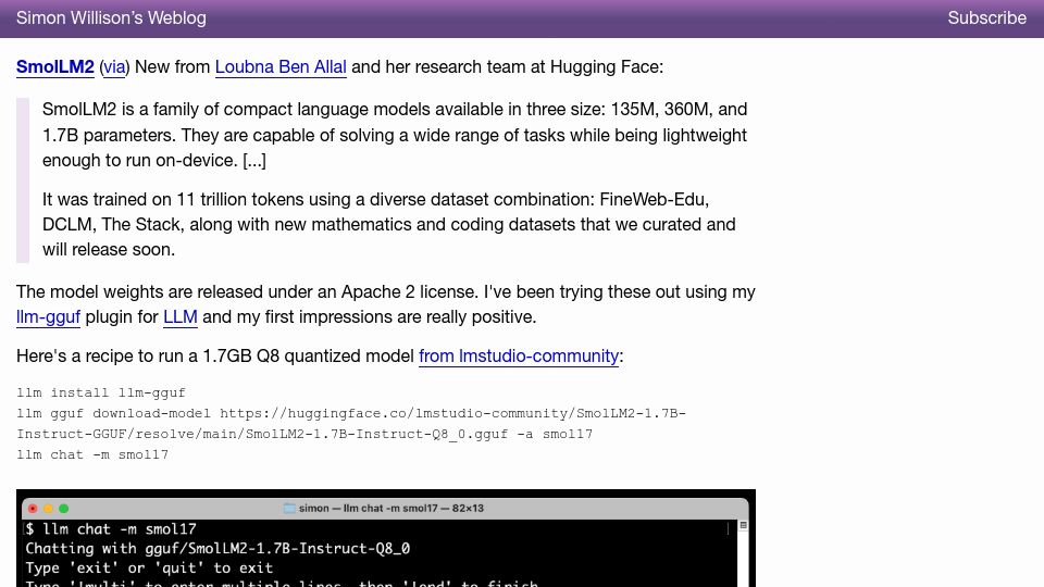 Screenshot of simonwillison.net: SmolLM2