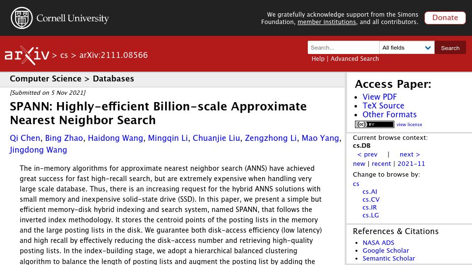 Screenshot of arxiv.org: Spann: Highly-Efficient Billion-Scale Approximate Nearest Neighbor Search (2021)