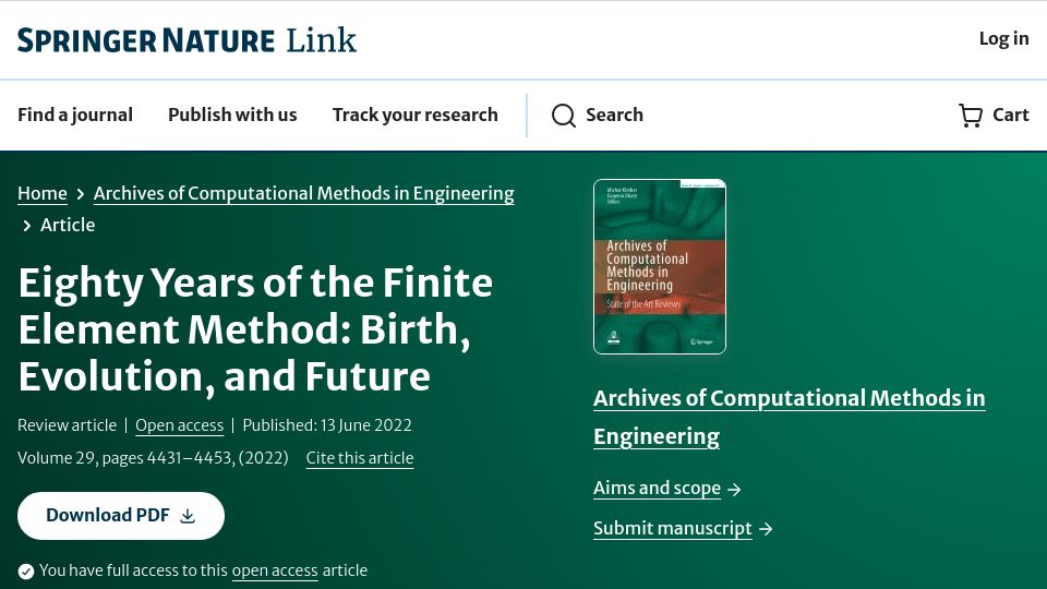 Screenshot of link.springer.com: Eighty Years of the Finite Element Method (2022)