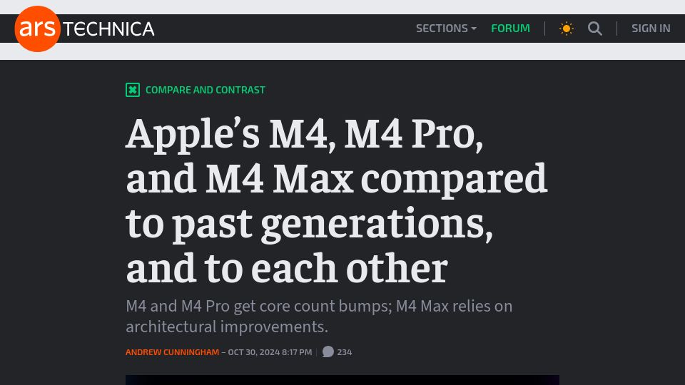 Screenshot of arstechnica.com: Apple's M4, M4 Pro, and M4 Max compared to past generations, and to each other