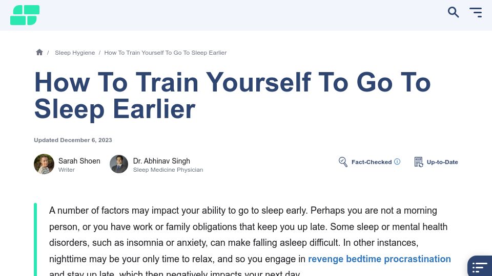 Screenshot of sleepfoundation.org: How to Train Yourself to Go to Sleep Earlier