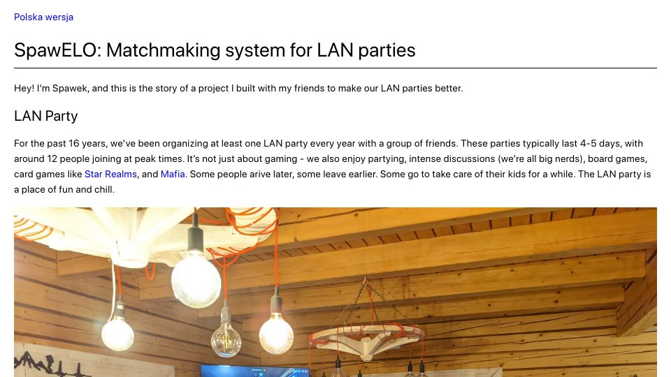 Screenshot of blog.spawek.com: SpawELO – small free matchmaking system for LAN parties