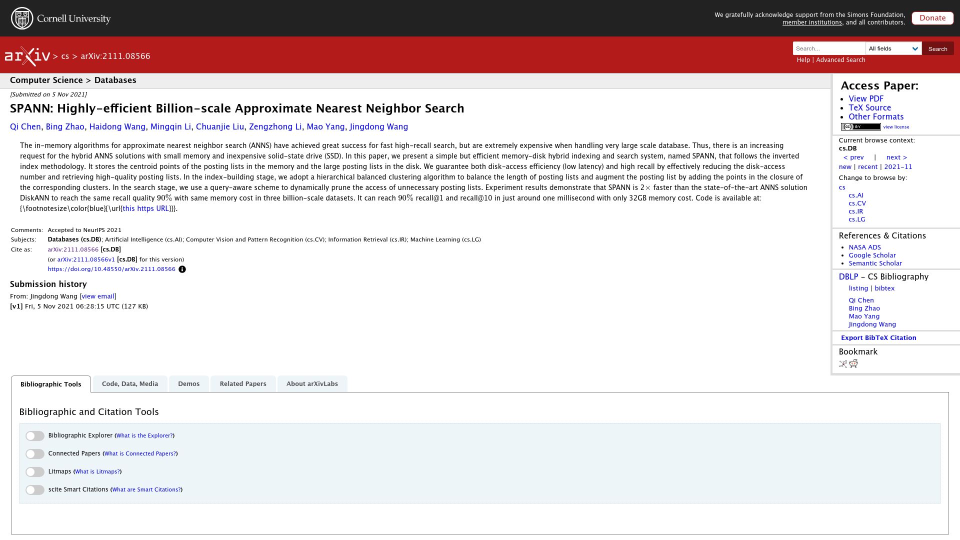 Screenshot of arxiv.org: Spann: Highly-Efficient Billion-Scale Approximate Nearest Neighbor Search (2021)