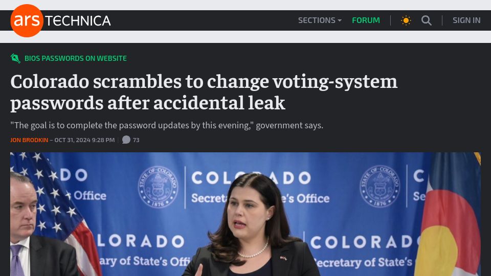 Screenshot of arstechnica.com: Colorado scrambles to change voting-system passwords after accidental leak