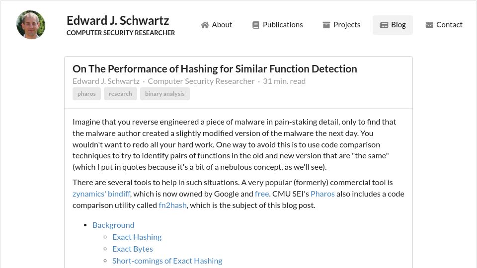 Screenshot of edmcman.github.io: The performance of hashing for similar function detection