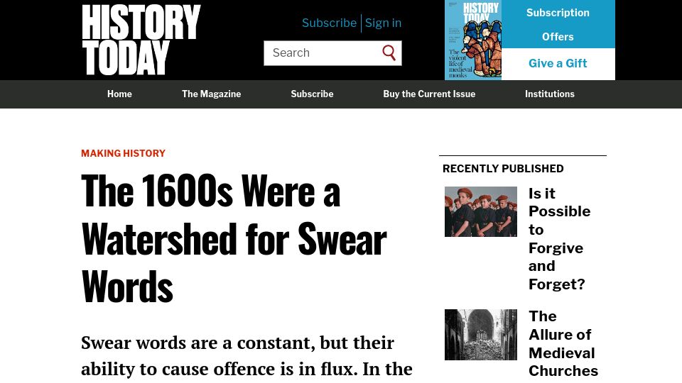 Screenshot of historytoday.com: The 1600s were a watershed for swear words (2022)