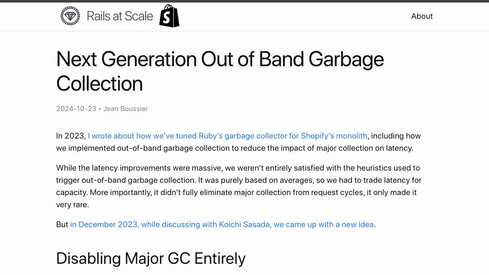 Screenshot of railsatscale.com: Next Generation Out of Band Garbage Collection