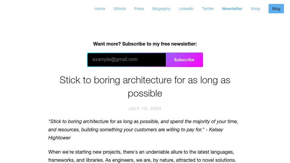 Screenshot of addyosmani.com: Stick to boring architecture for as long as possible