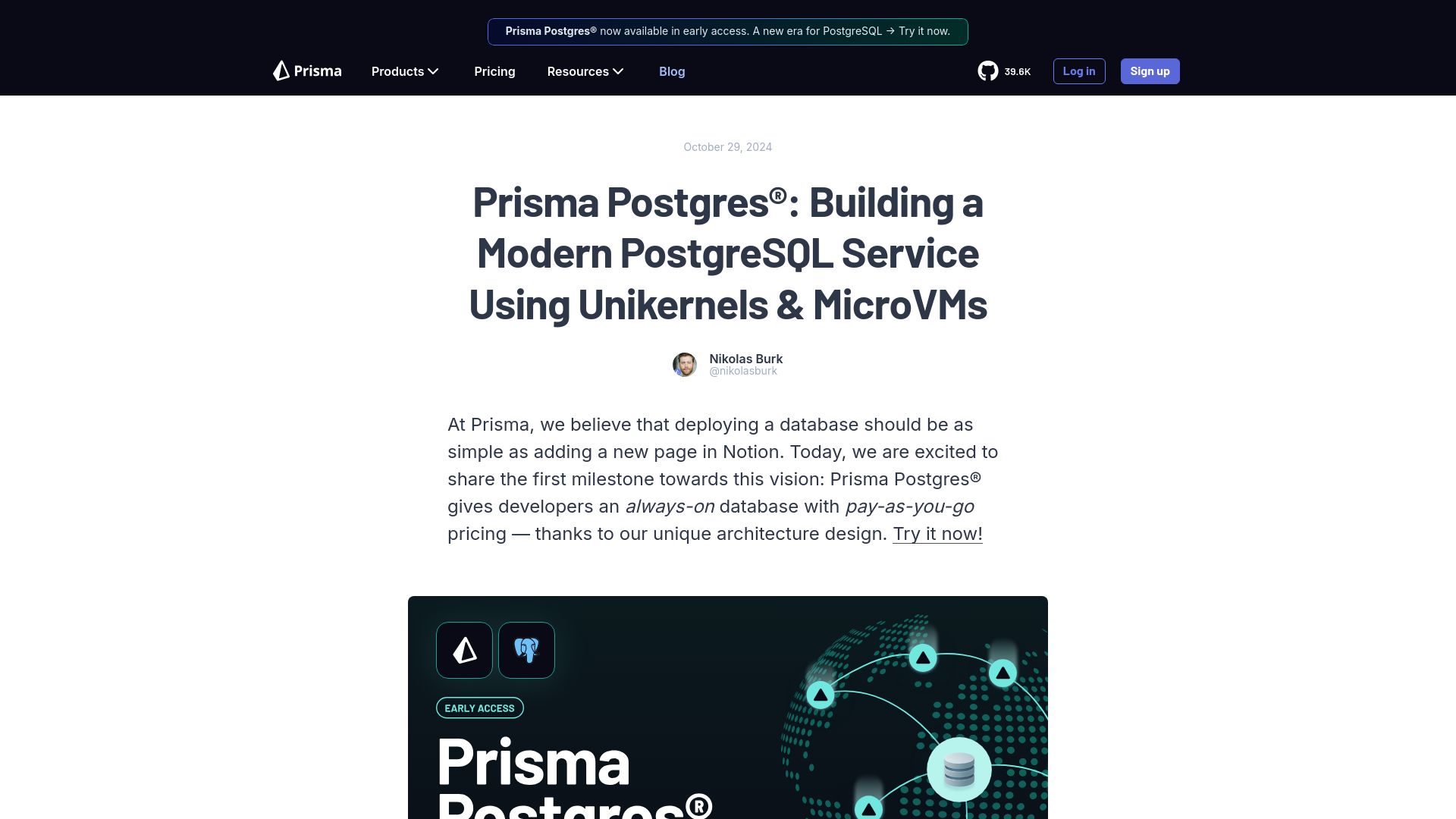 Screenshot of prisma.io: Prisma Postgres – Runs on bare metal and unikernels