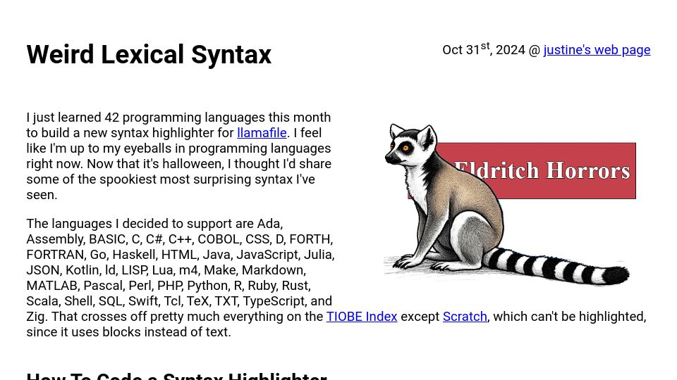 Screenshot of justine.lol: Weird Lexical Syntax