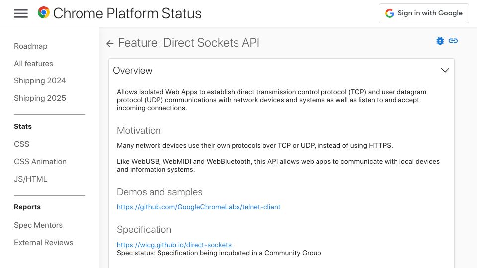 Screenshot of chromestatus.com: Direct Sockets API in Chrome 131