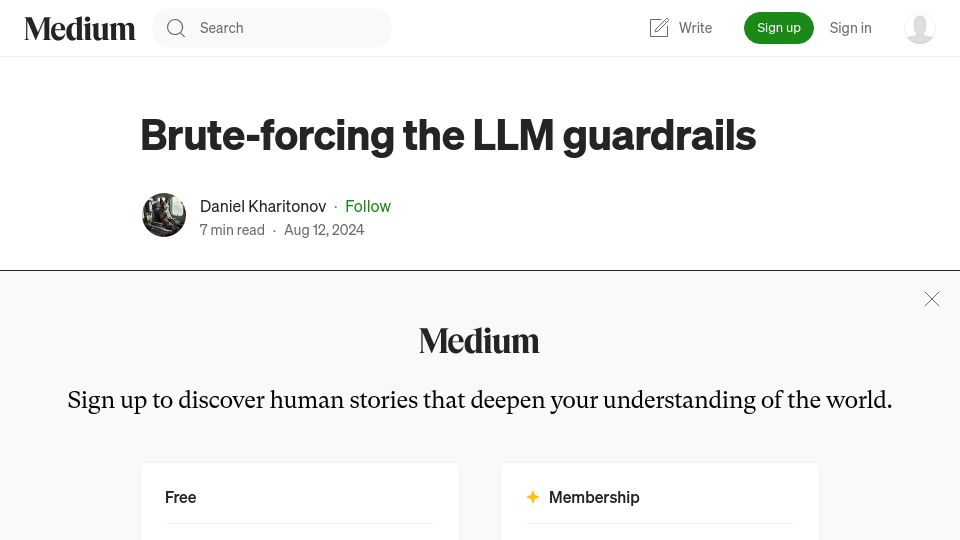 Screenshot of medium.com: Brute-Forcing the LLM Guardrails