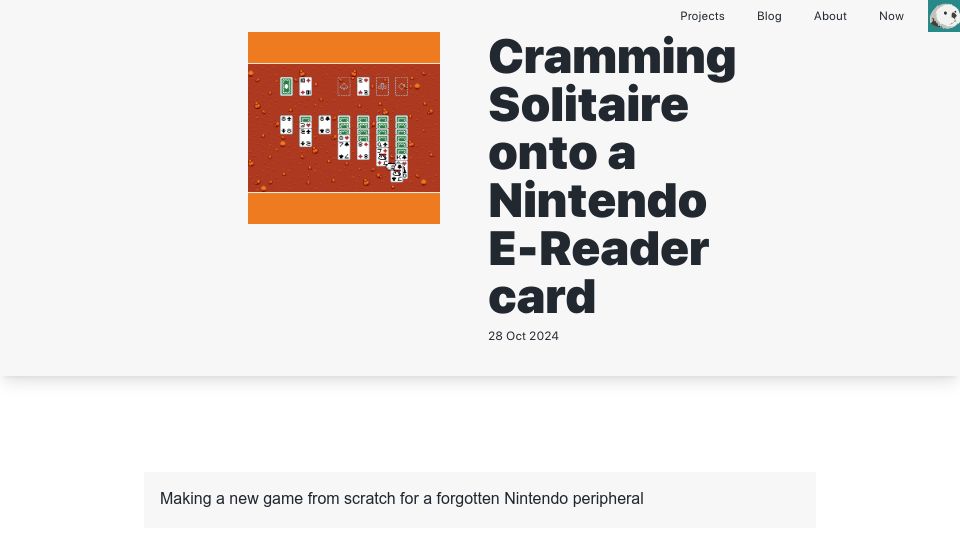 Screenshot of mattgreer.dev: Cramming Solitaire onto a Nintendo E-Reader card
