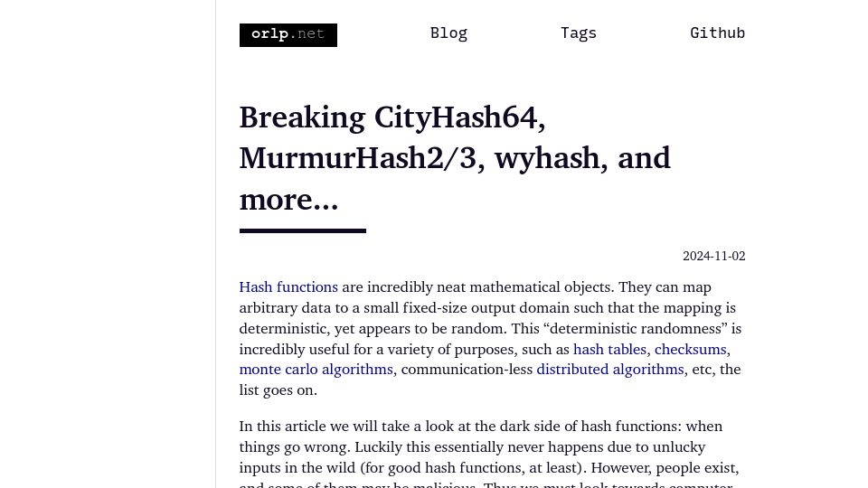 Screenshot of orlp.net: Breaking CityHash64, MurmurHash2/3, wyhash, and more