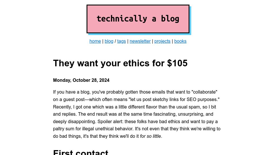 Screenshot of ntietz.com: They want your ethics for $105