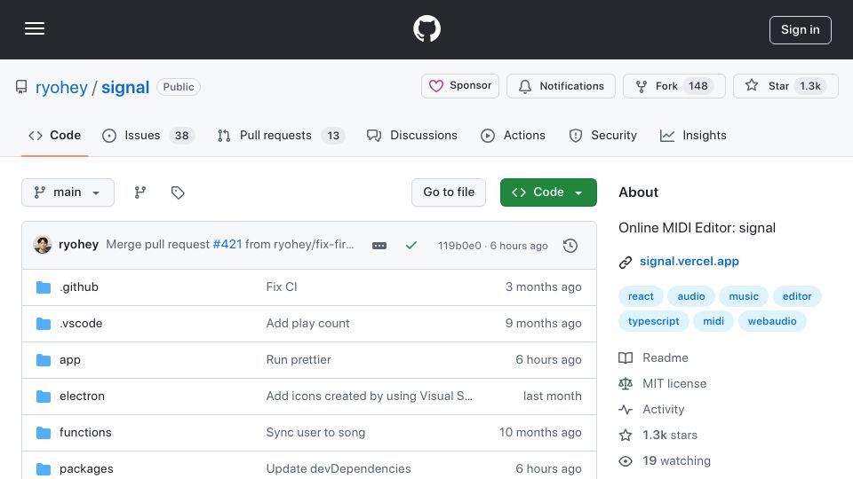 Screenshot of github.com: Signal: Online MIDI Editor