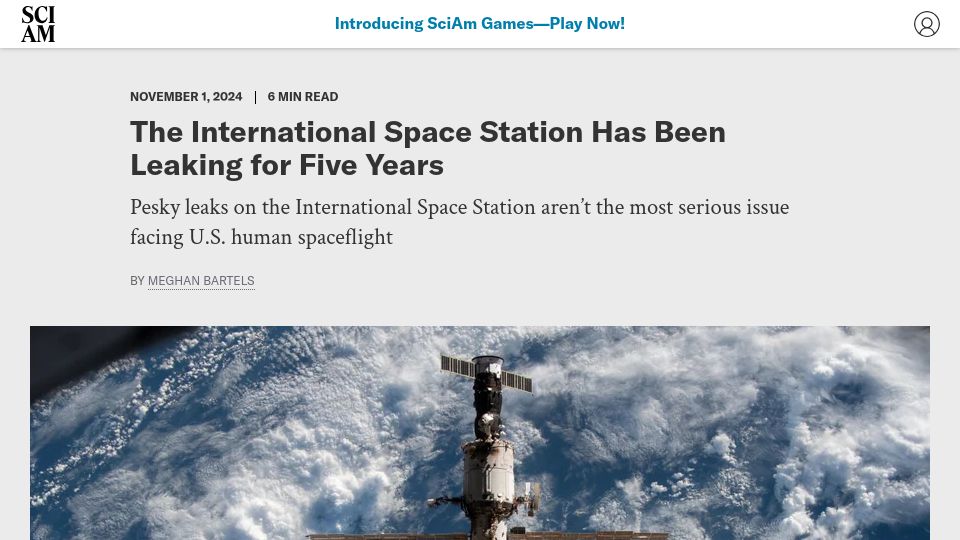 Screenshot of scientificamerican.com: The International Space Station Has Been Leaking for Five Years