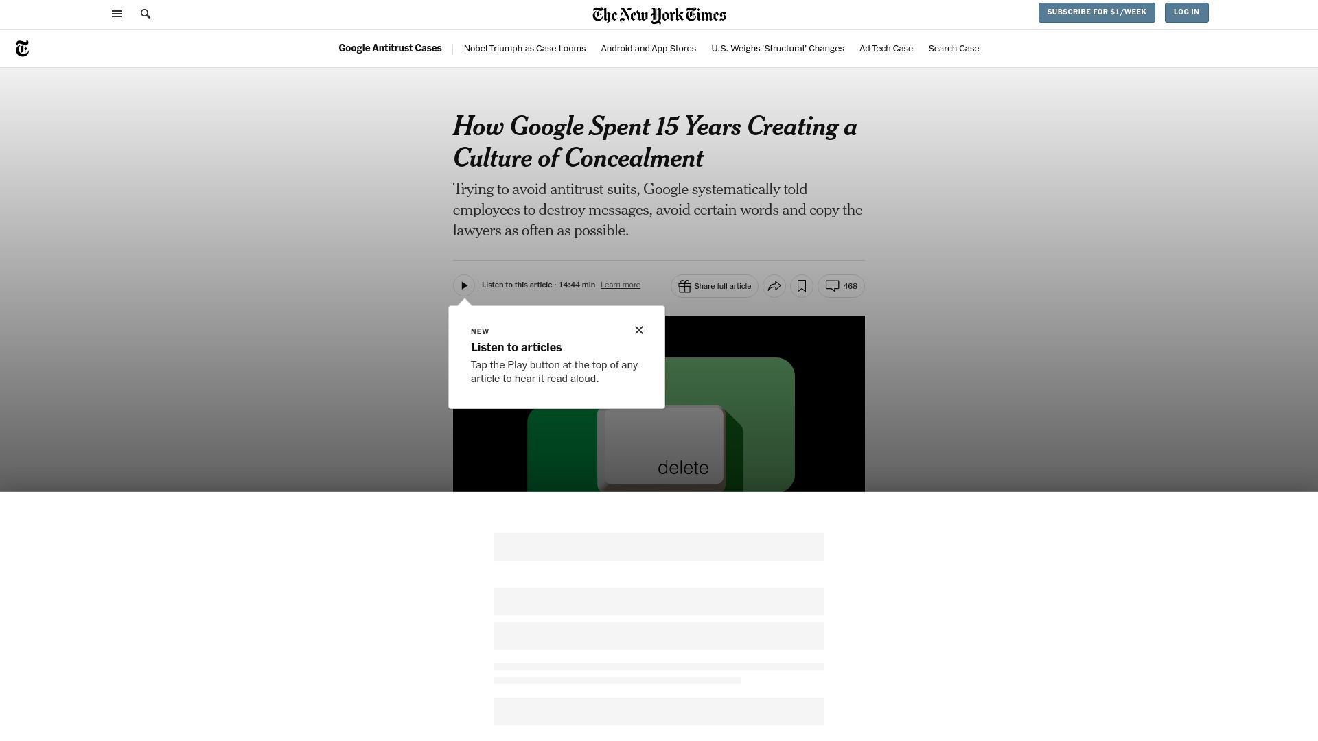 Screenshot of nytimes.com: How Google spent 15 years creating a culture of concealment