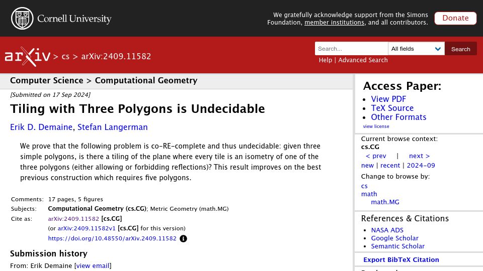 Screenshot of arxiv.org: Tiling with Three Polygons Is Undecidable