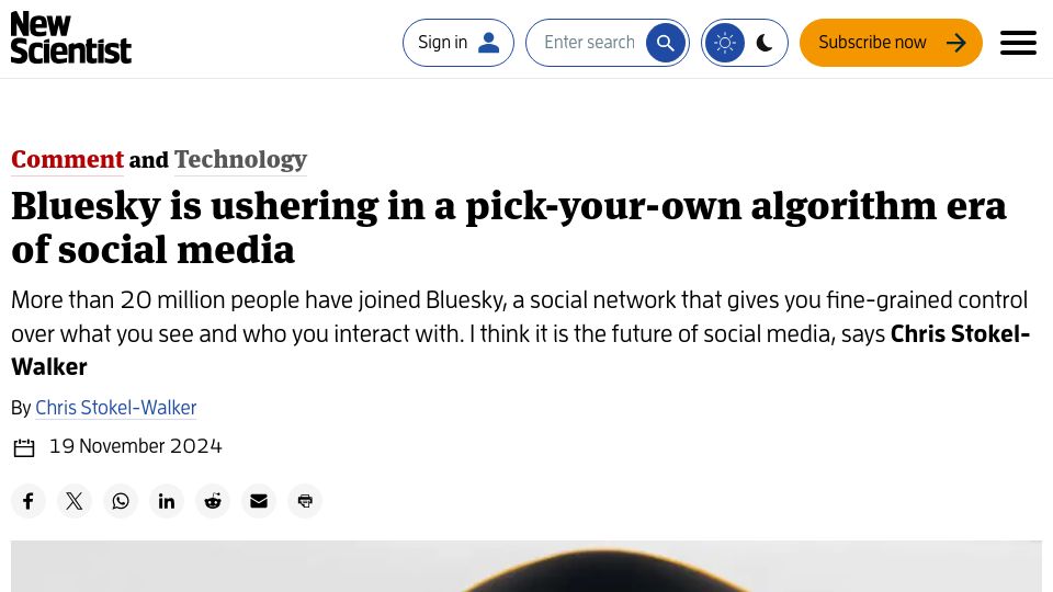 Screenshot of newscientist.com: Bluesky is ushering in a pick-your-own algorithm era of social media