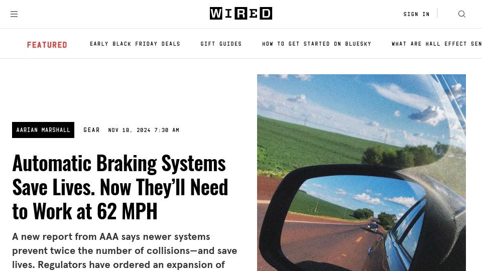 Screenshot of wired.com: Automatic braking systems save lives. Now they'll need to work at 62 MPH