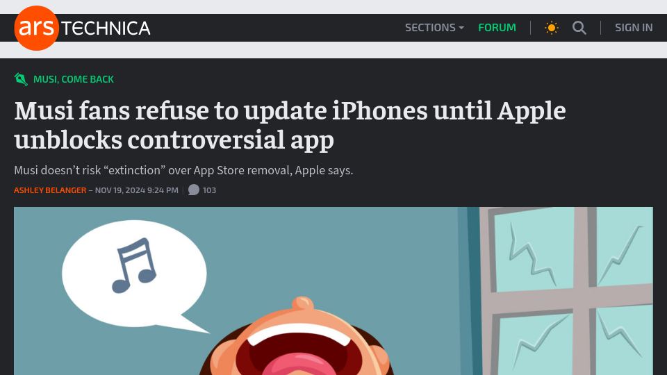 Screenshot of arstechnica.com: Musi fans refuse to update iPhones until Apple unblocks controversial app