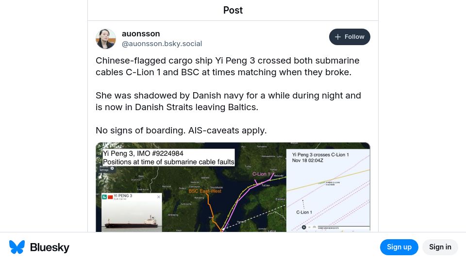 Screenshot of bsky.app: Yi Peng 3 crossed both cables C-Lion 1 and BSC at times matching when they broke