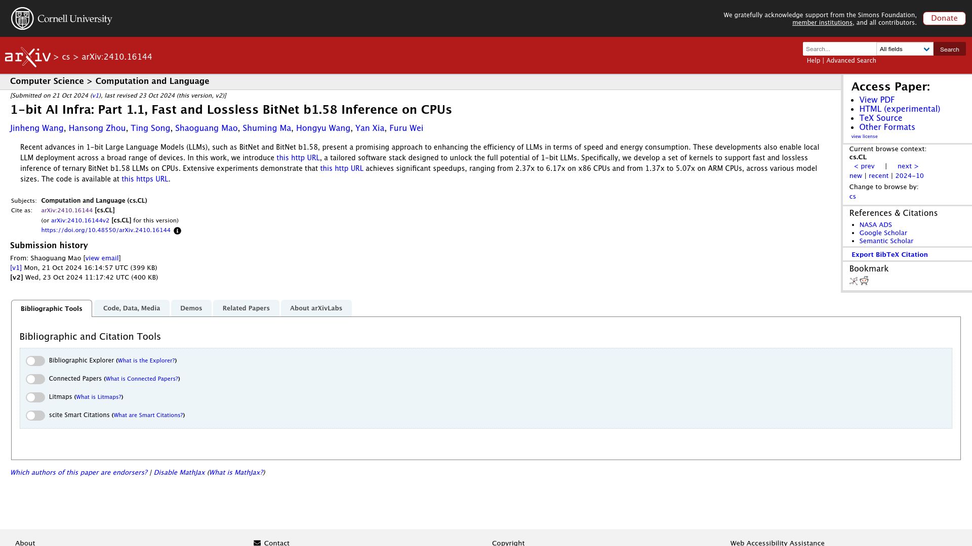 Screenshot of arxiv.org: 1-Bit AI Infrastructure
