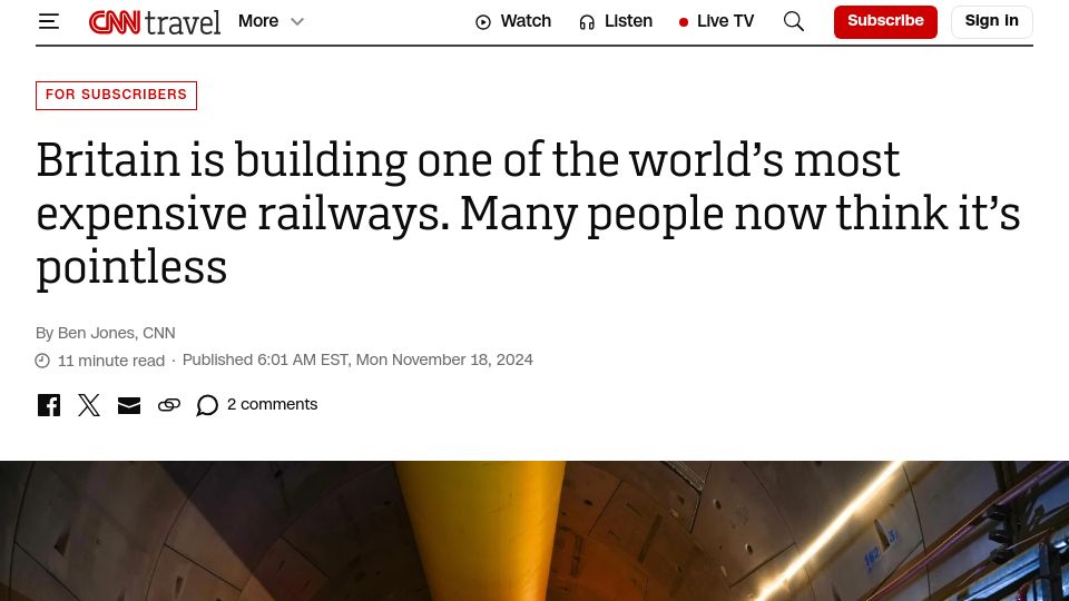 Screenshot of cnn.com: Britain is building one of the world’s most expensive railways