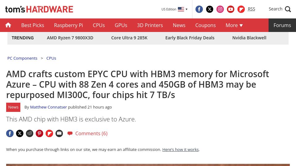Screenshot of tomshardware.com: AMD crafts custom EPYC CPU with HBM3 for Azure: 88 Zen 4 cores and 450GB of HBM3