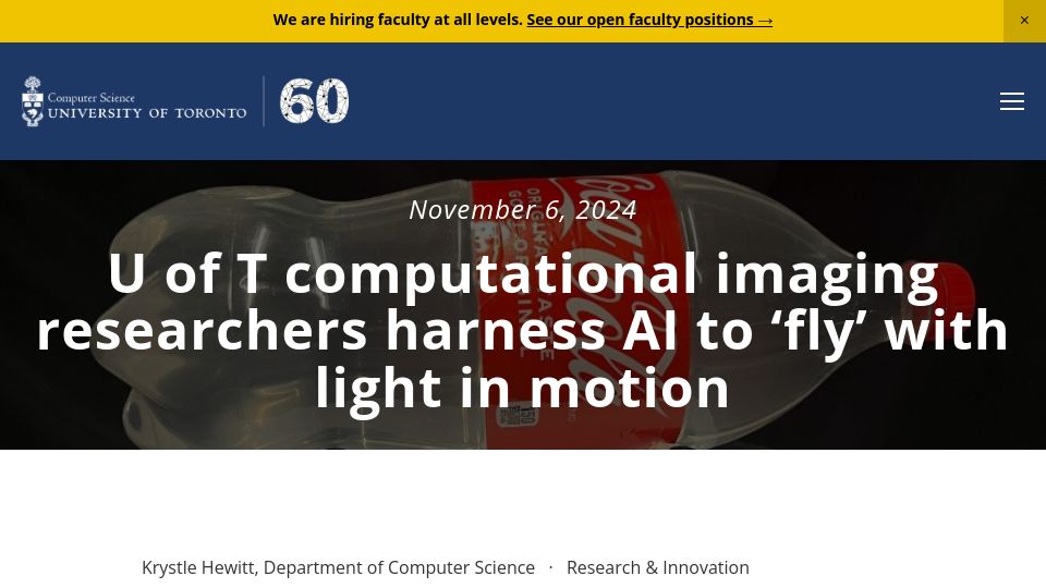 Screenshot of web.cs.toronto.edu: U of T computational imaging researchers harness AI to fly with light in motion