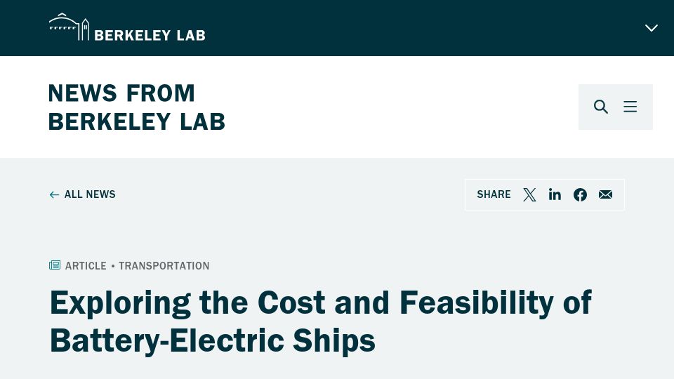 Screenshot of newscenter.lbl.gov: Exploring the Cost and Feasibility of Battery-Electric Ships