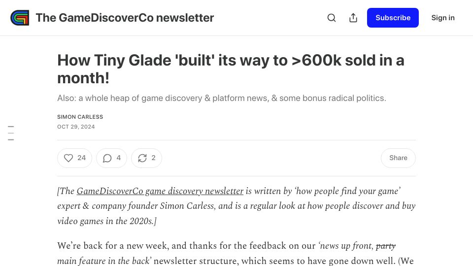 Screenshot of newsletter.gamediscover.co: Tiny Glade 'built' its way to >600k sold in a month