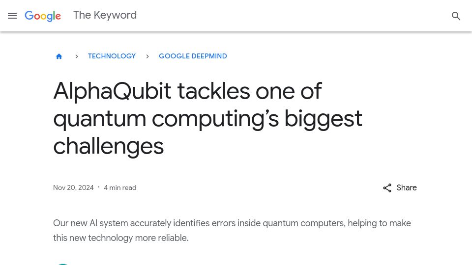 Screenshot of blog.google: AlphaQubit: AI to identify errors in Quantum Computers