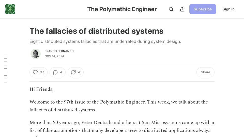 Screenshot of newsletter.francofernando.com: The Fallacies of Distributed Systems