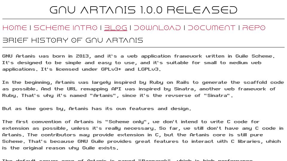 Screenshot of artanis.dev: GNU Artanis 1.0.0 Released