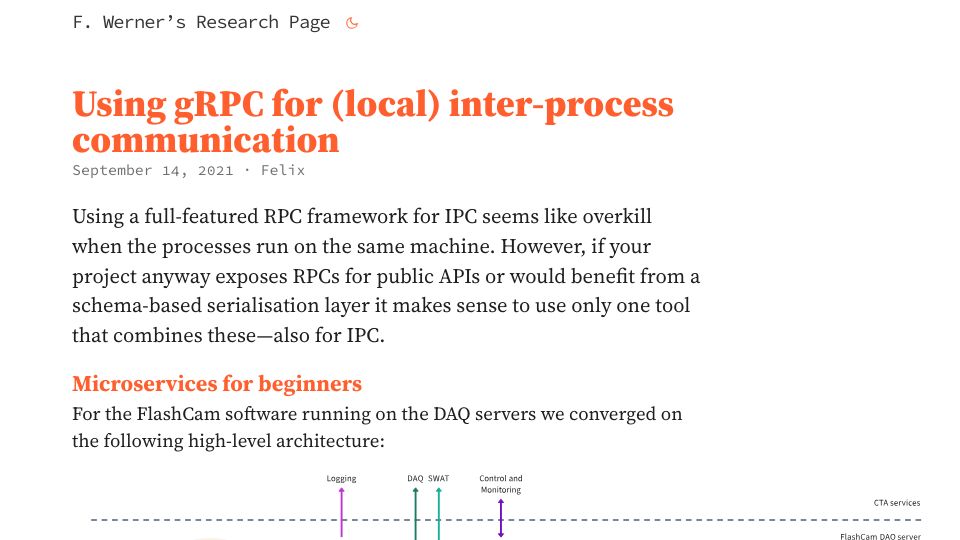 Screenshot of mpi-hd.mpg.de: Using gRPC for (local) inter-process communication – F. Werner's Research Page